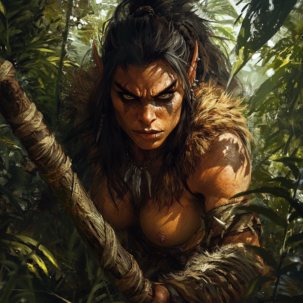 Muscular female orc emerges from dense bush