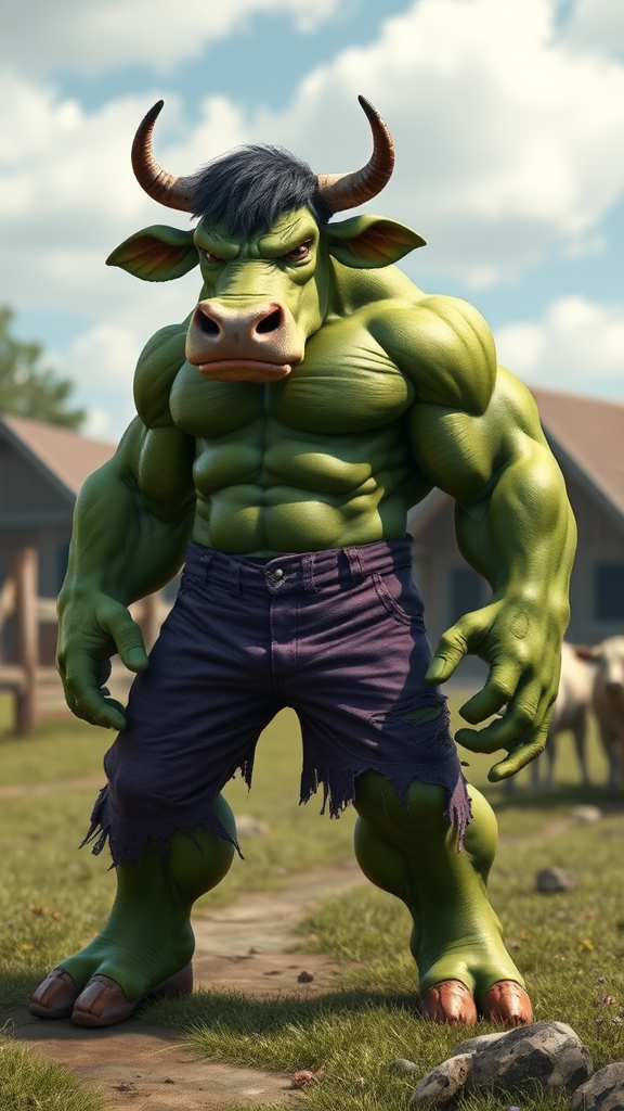 Muscular green cow, Hulk, in whimsical barnyard.