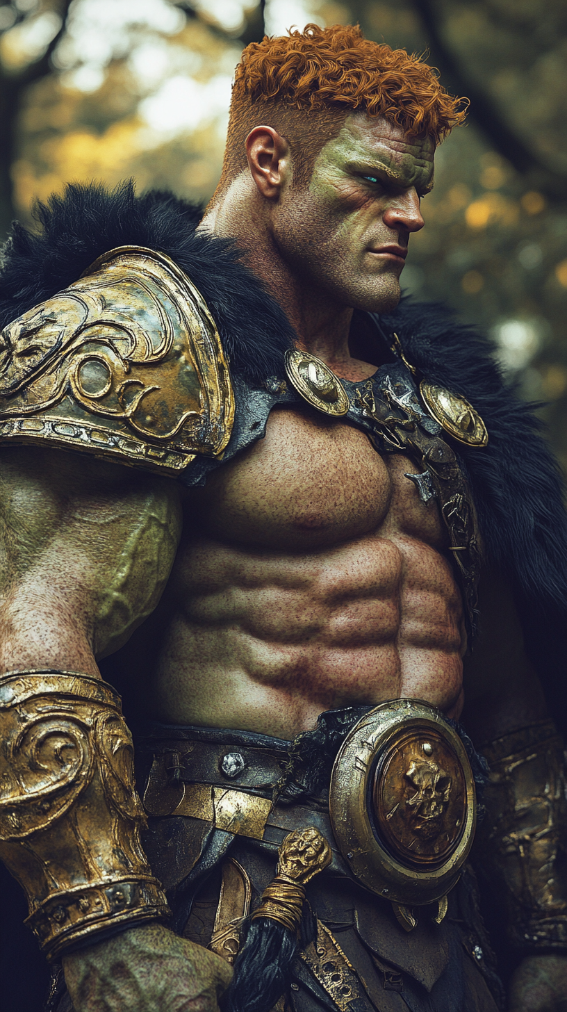 Muscular green orc flexing in forest