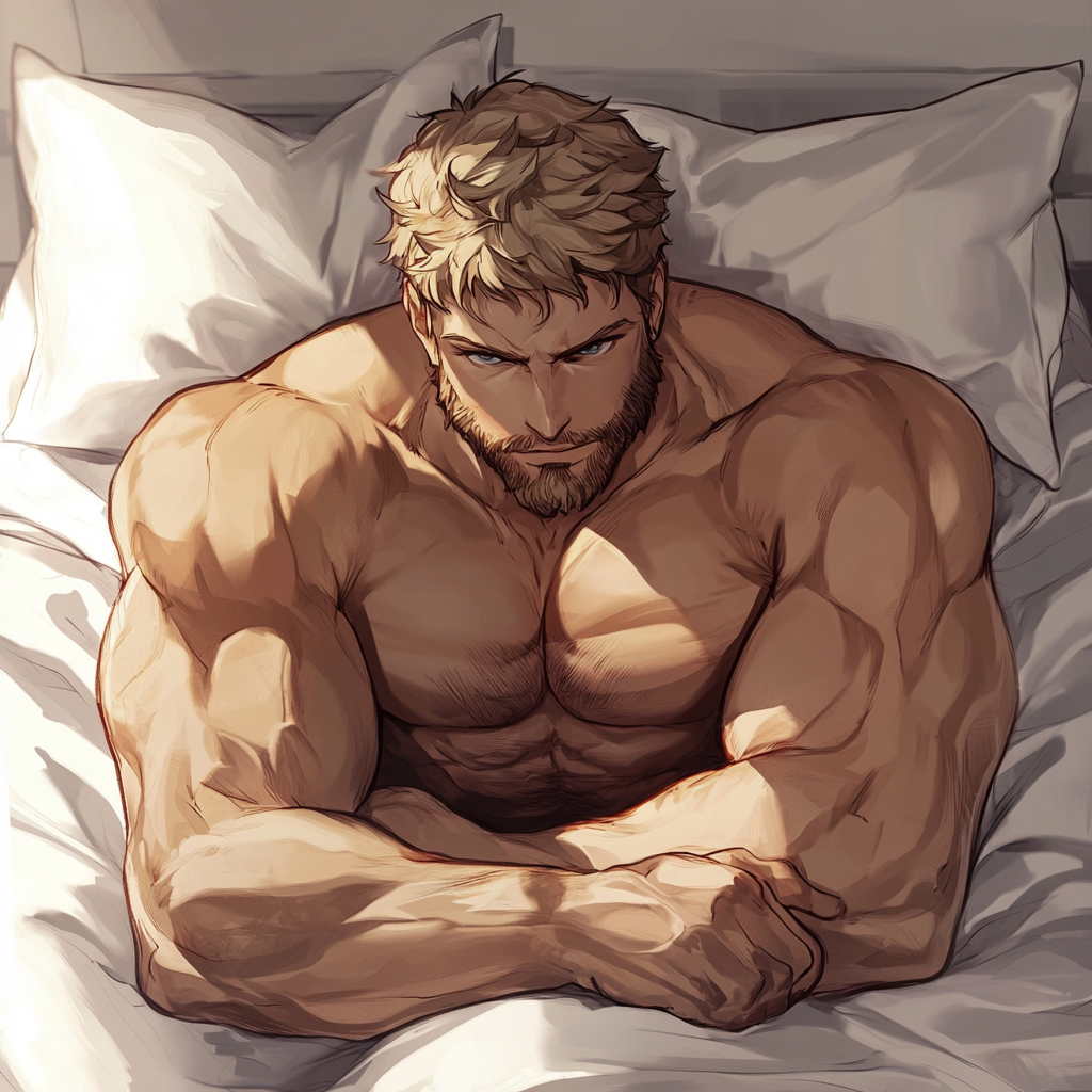 Muscular guy with scruffy hair on bed.