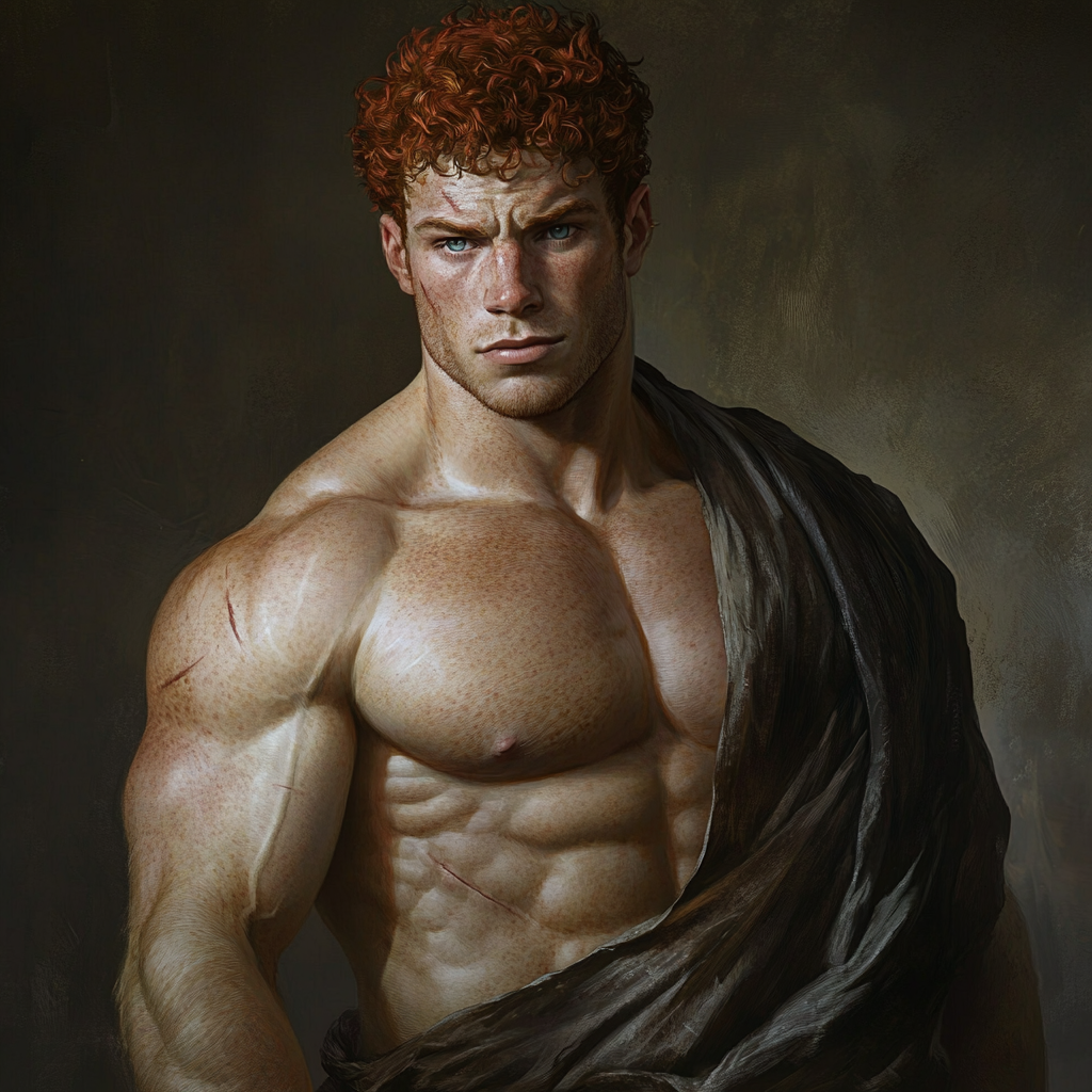 Muscular half-orc with red hair and freckles.