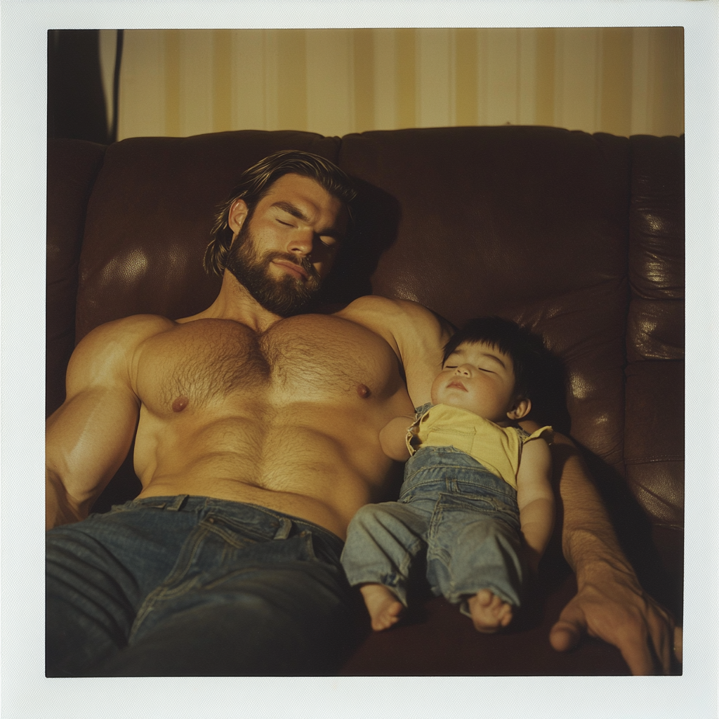 Muscular man asleep on couch with toddler son