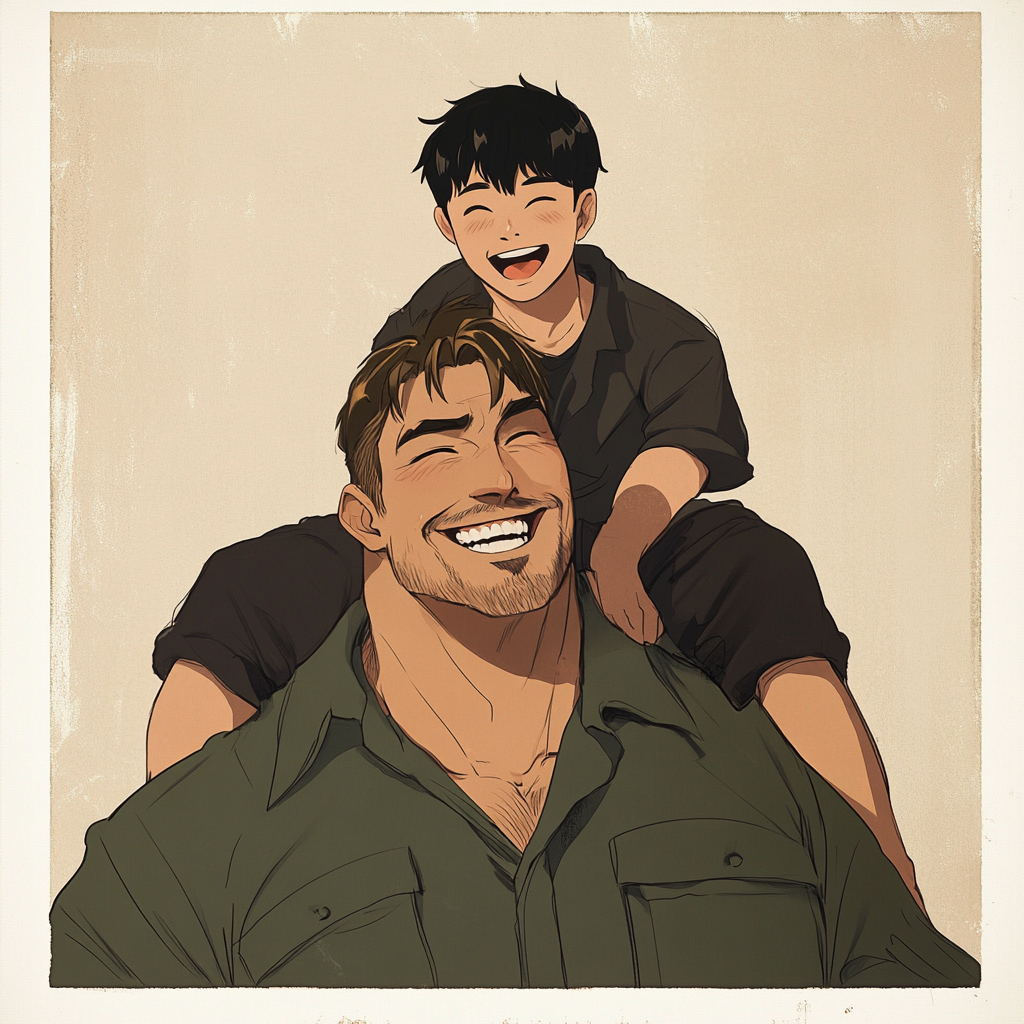 Muscular man carrying young Korean man, both laughing 