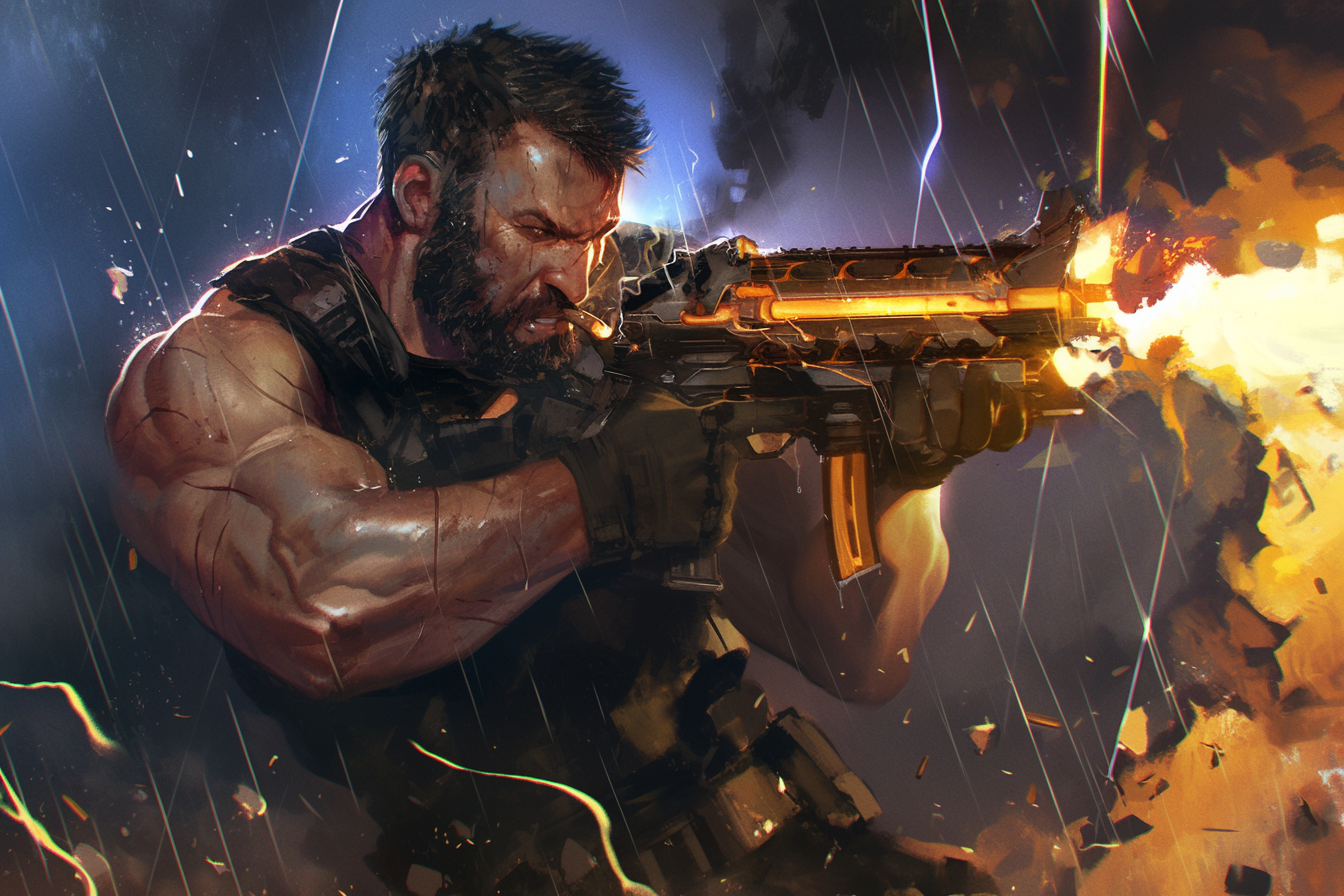 Muscular man firing machine gun in thunderstorm art style