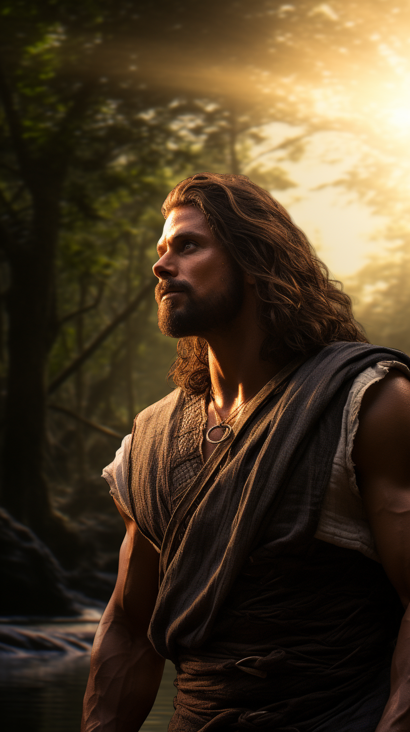 Muscular man in Bible-era forest, 3D-rendered and glowing.