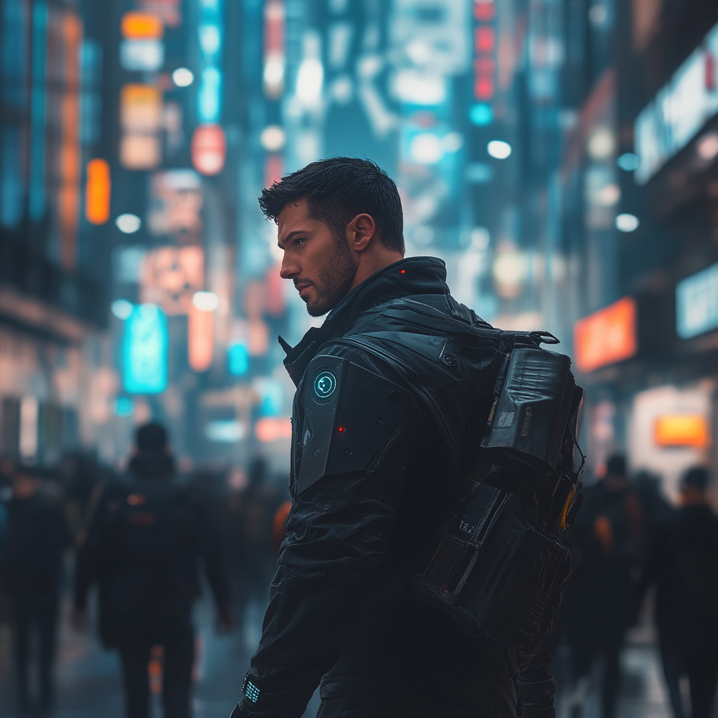 Muscular man in dark futuristic cityscape.