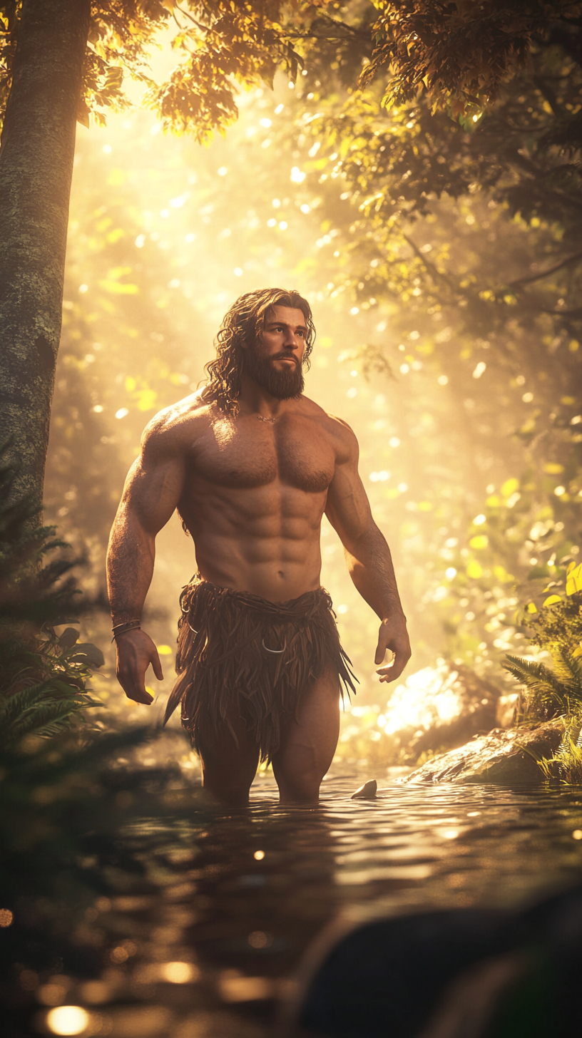 Muscular man in lush forest, golden hour glow.