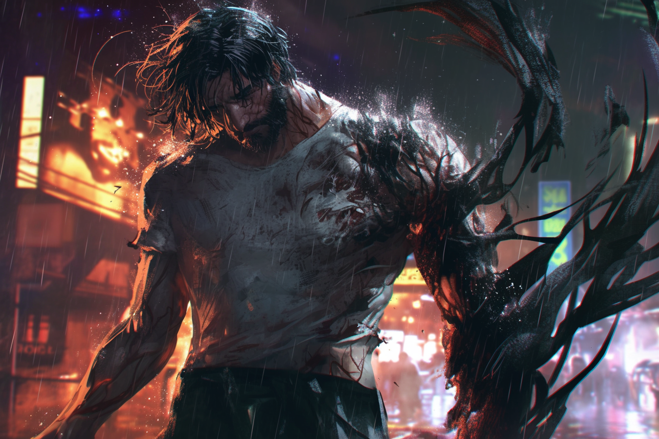 Muscular man in stormy town, horror art style.