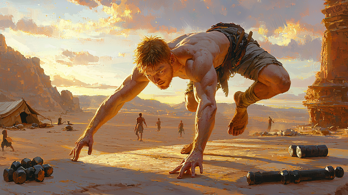 Muscular man performs handstand in serene desert dawn