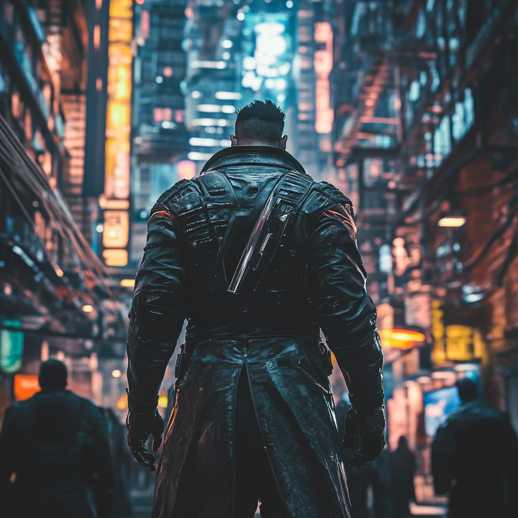 Muscular man walking in futuristic city street, cinematic lighting