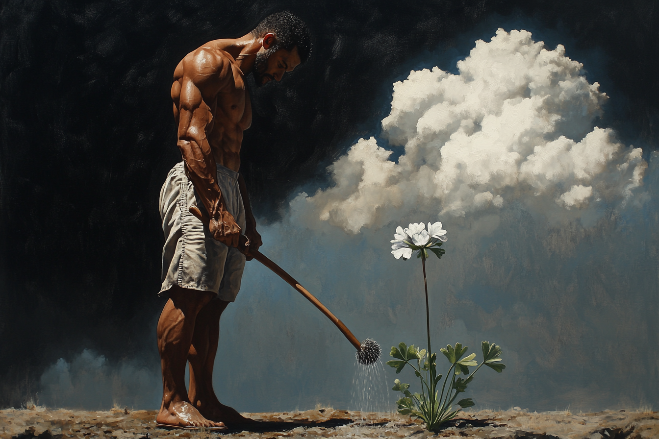 Muscular man watering big clover in surrealistic painting.