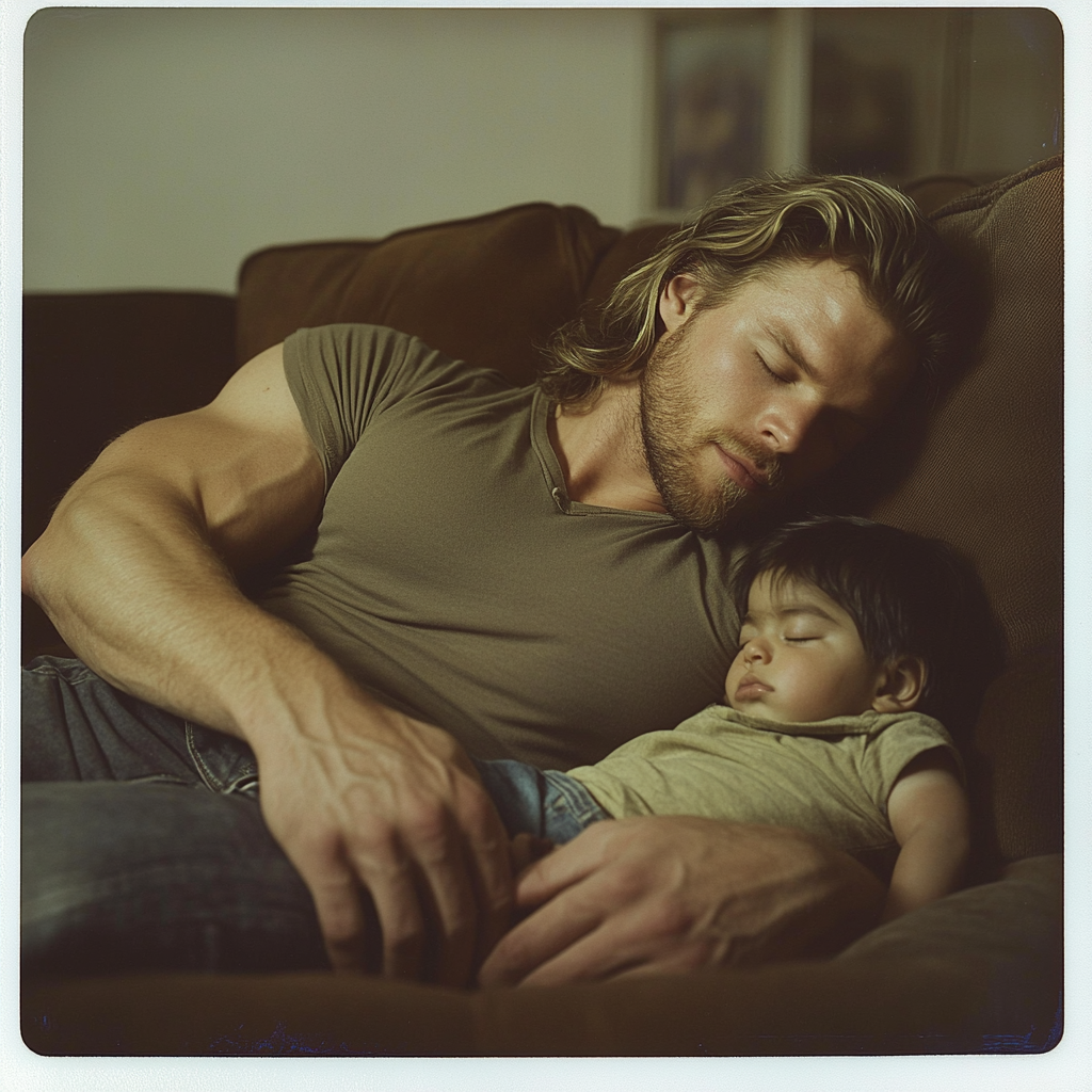 Muscular man with toddler asleep on chest Polaroid photo