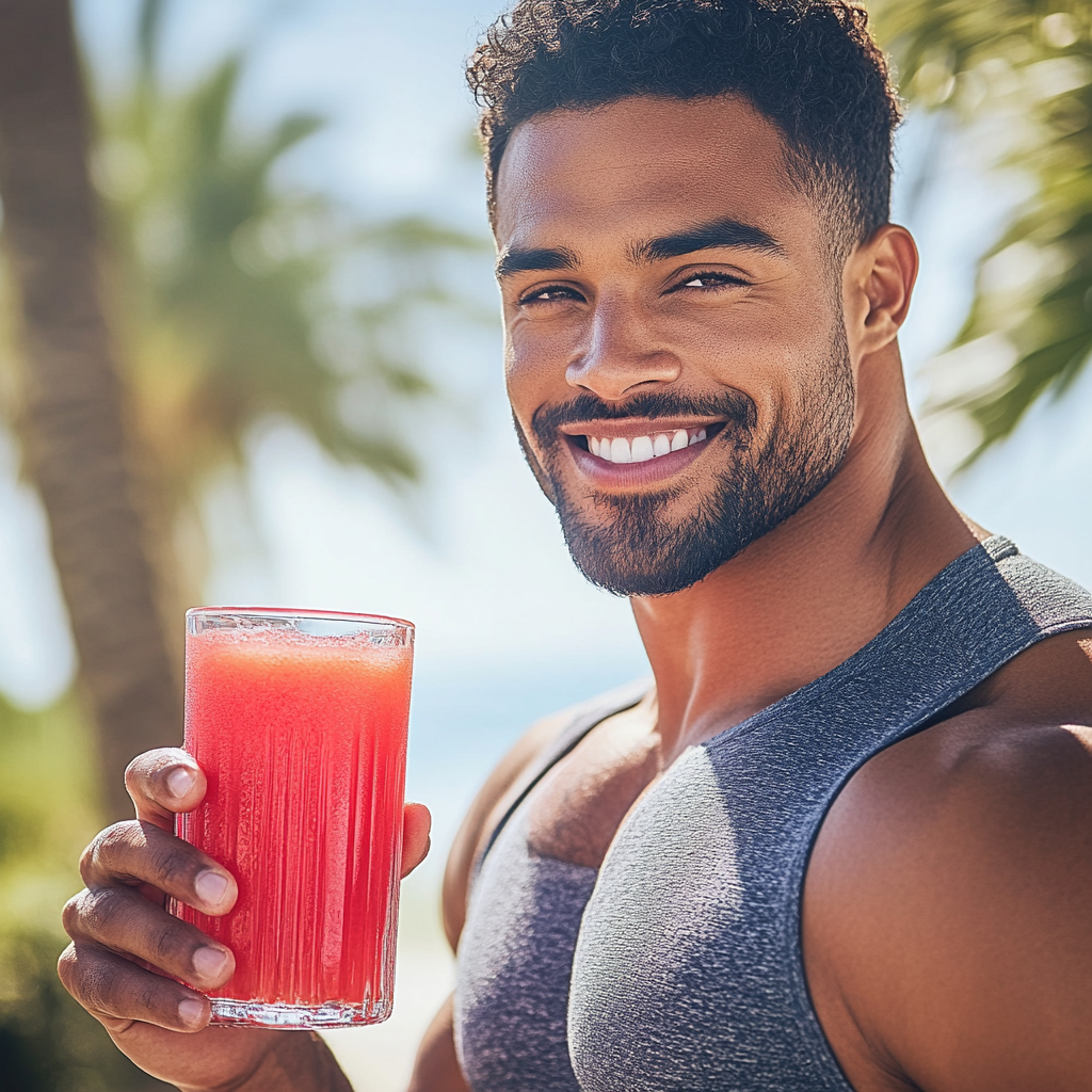 Muscular man with watermelon juice, sunny day setting.