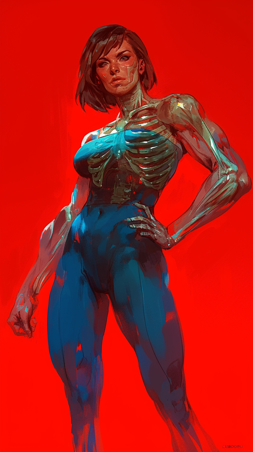 Muscular model in blue with red skeleton drawing.