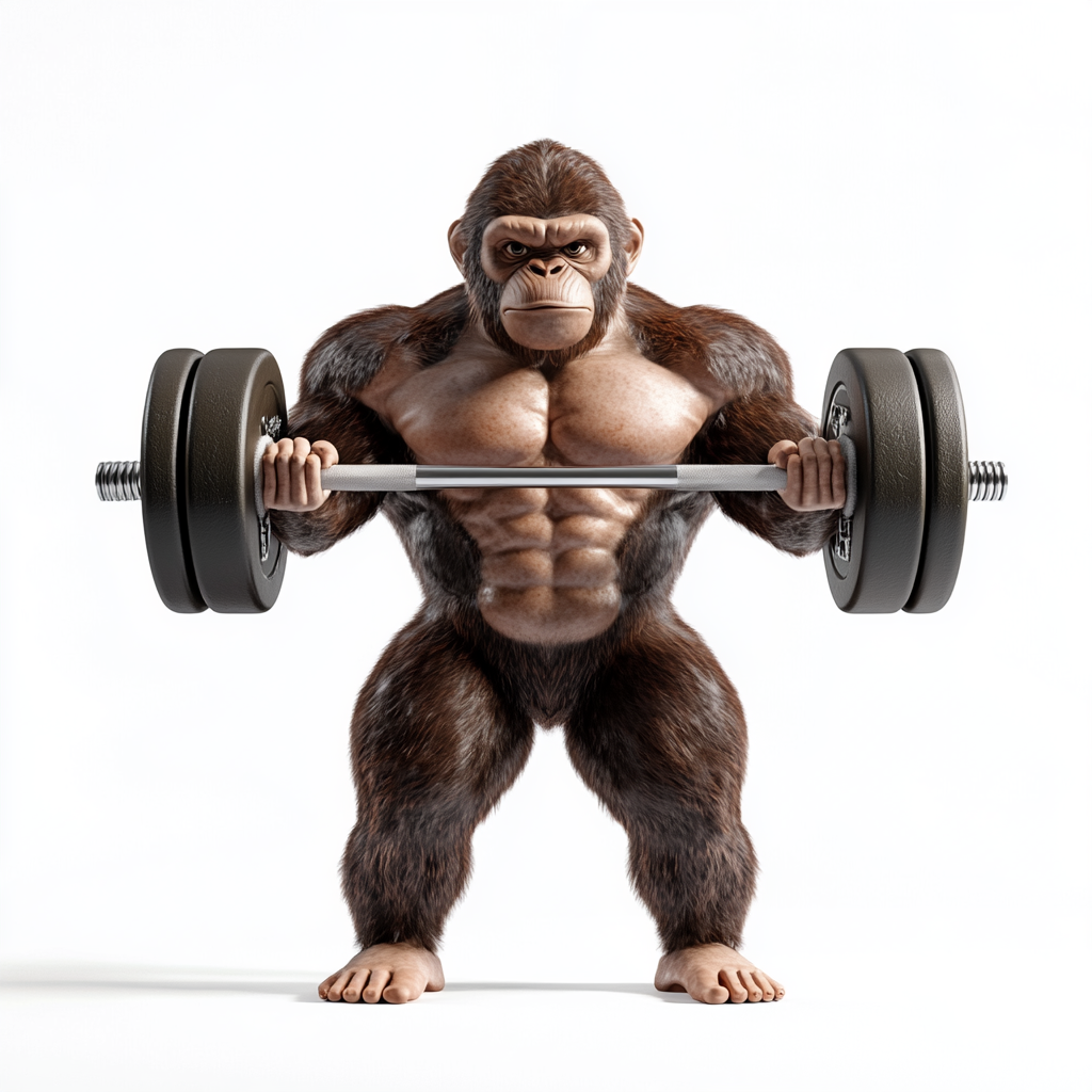 Muscular monkey lifting weights in vector style.