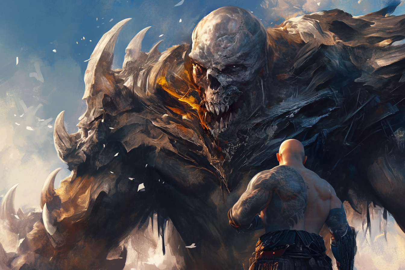 Muscular monster in bone armor holding bald man horror.