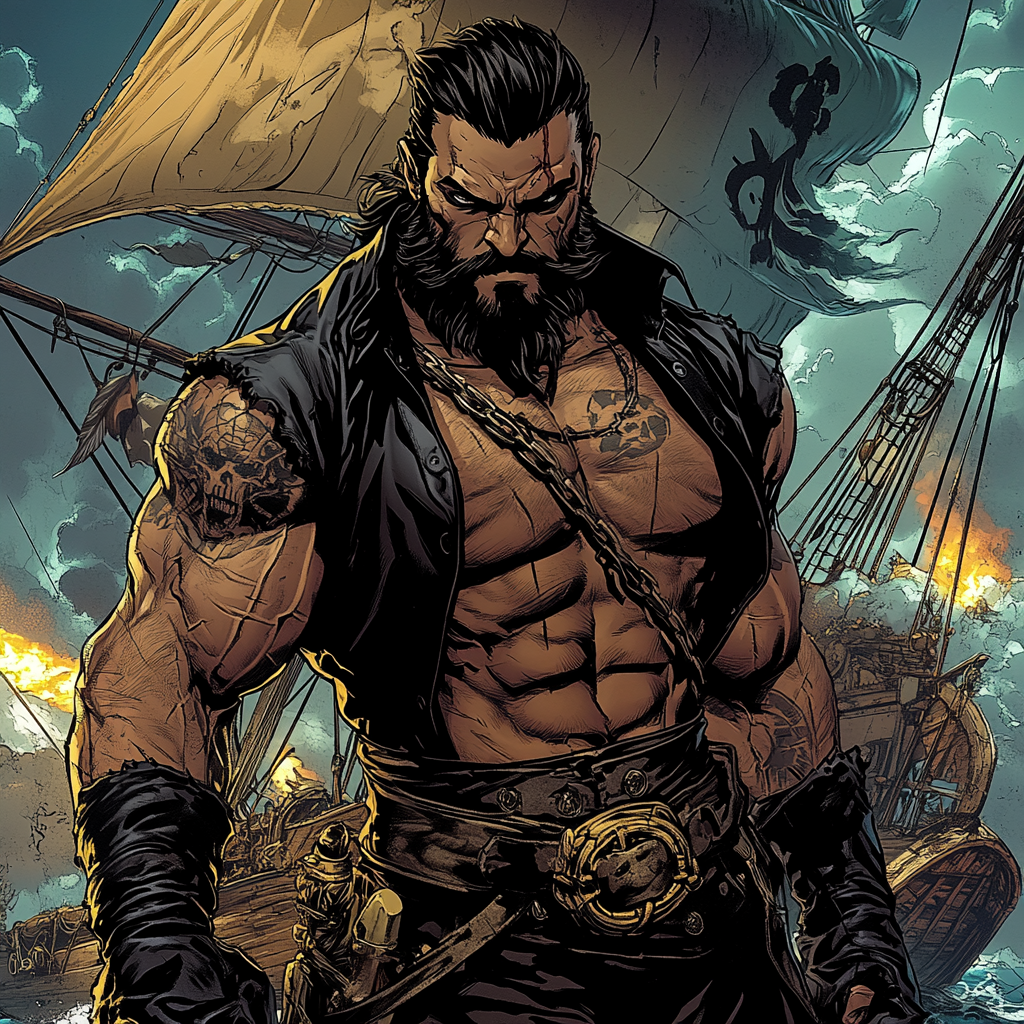 Muscular pirate captain in epic ship battle scene