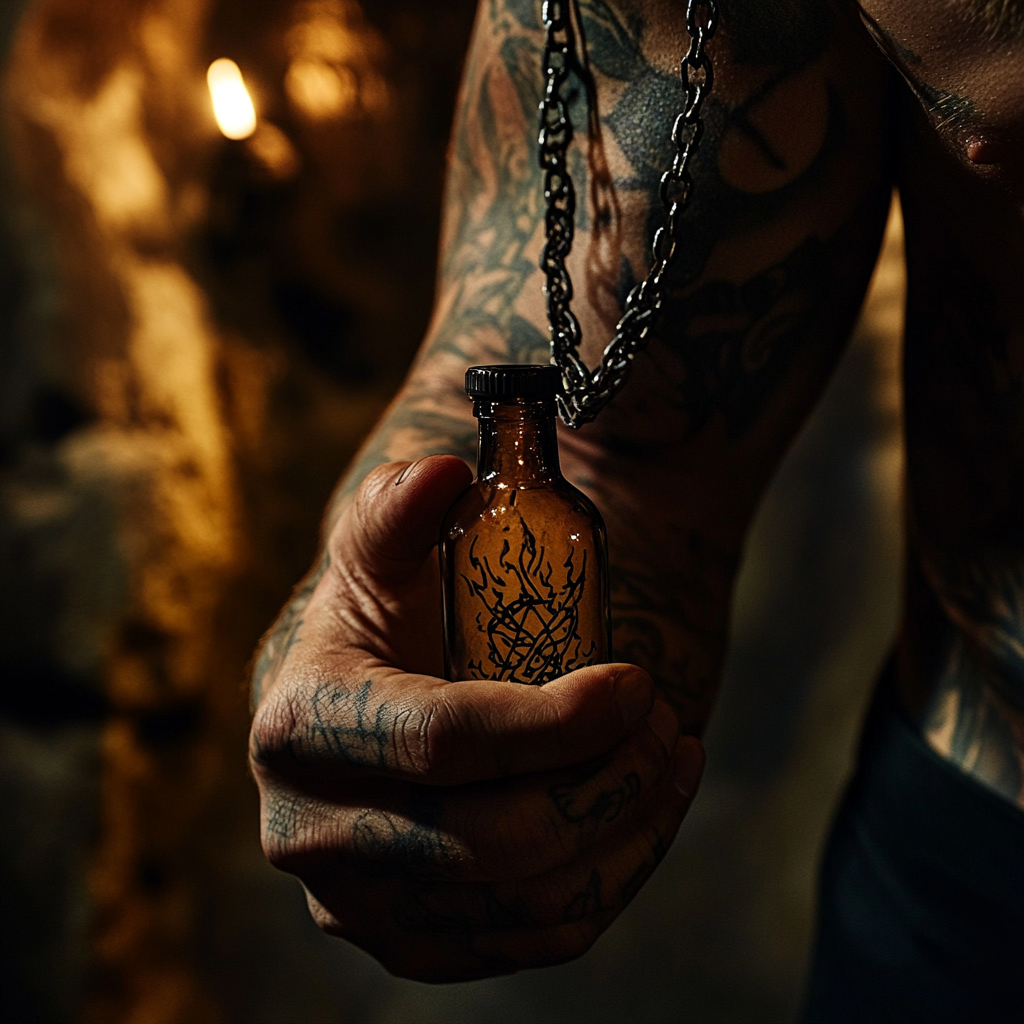 Muscular tattooed arm holds tiny bottle underground.