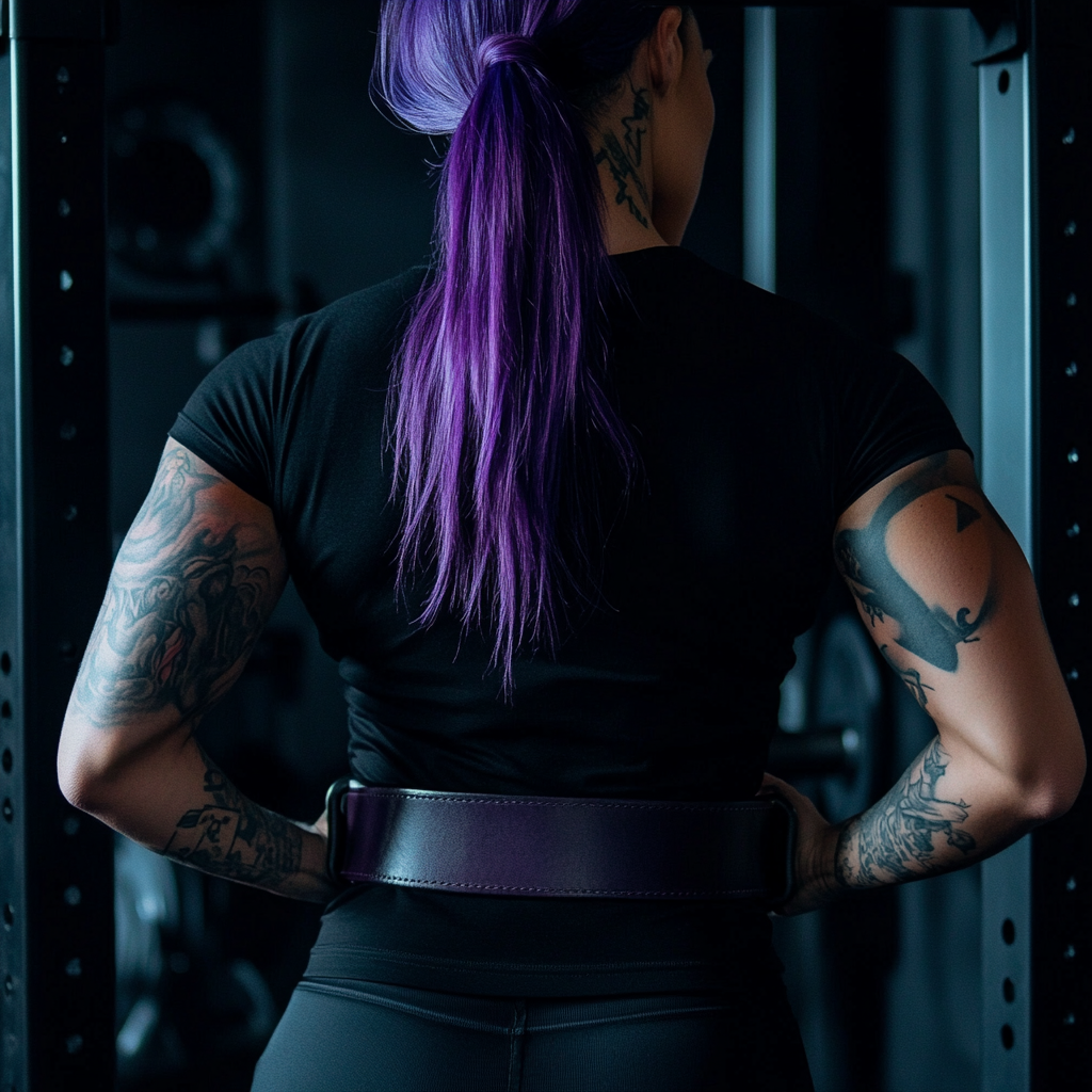 Muscular woman in gym wears leather weight lifting belt.