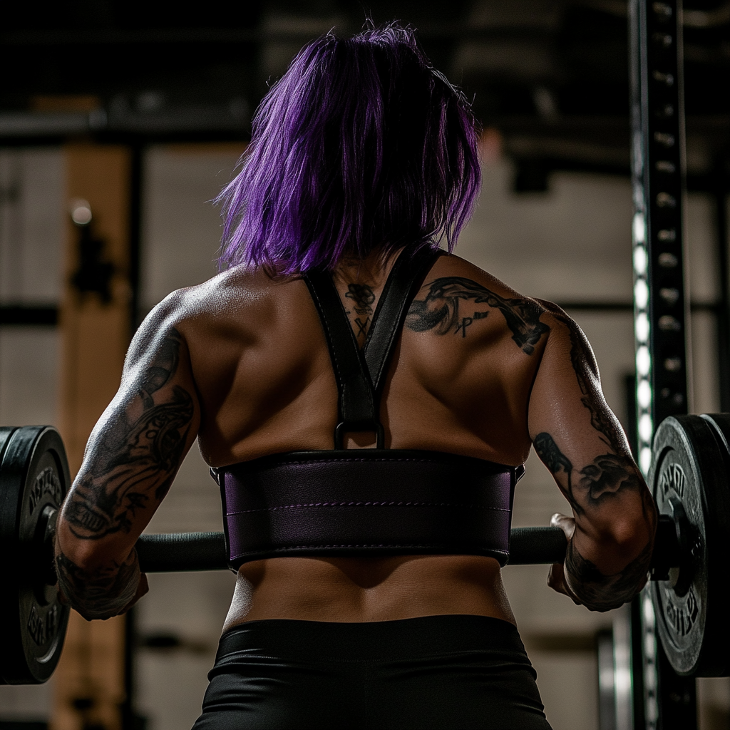 Muscular woman with purple hair doing weighted squats.