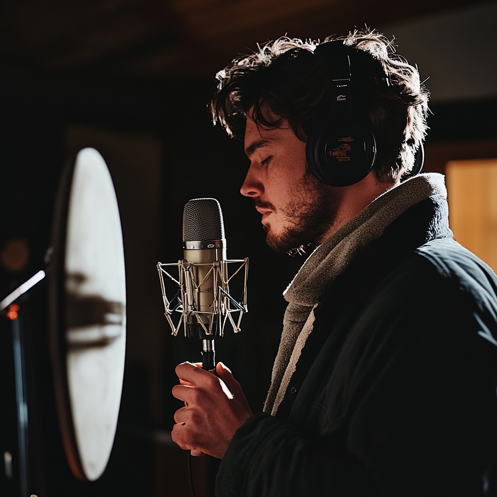 Musician with microphone in cinematic studio session