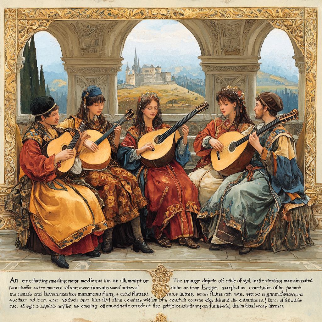 Musicians playing ancient instruments in medieval castle courtyard.