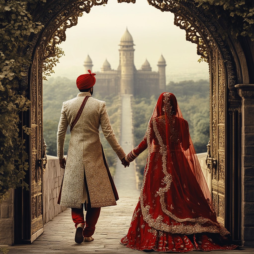 Muslim groom and bride heading to ivory castle