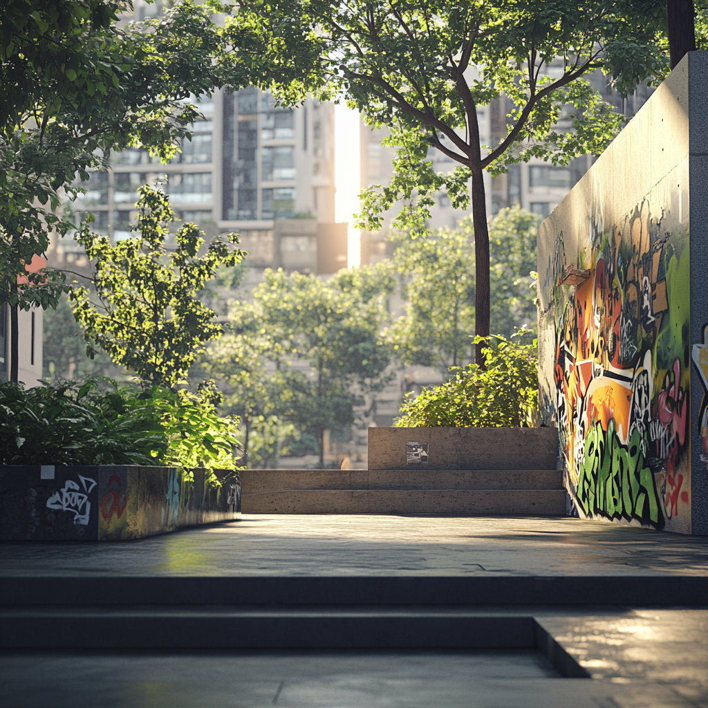 Muted, harmonious color palette reflects cleanliness in urban scene.