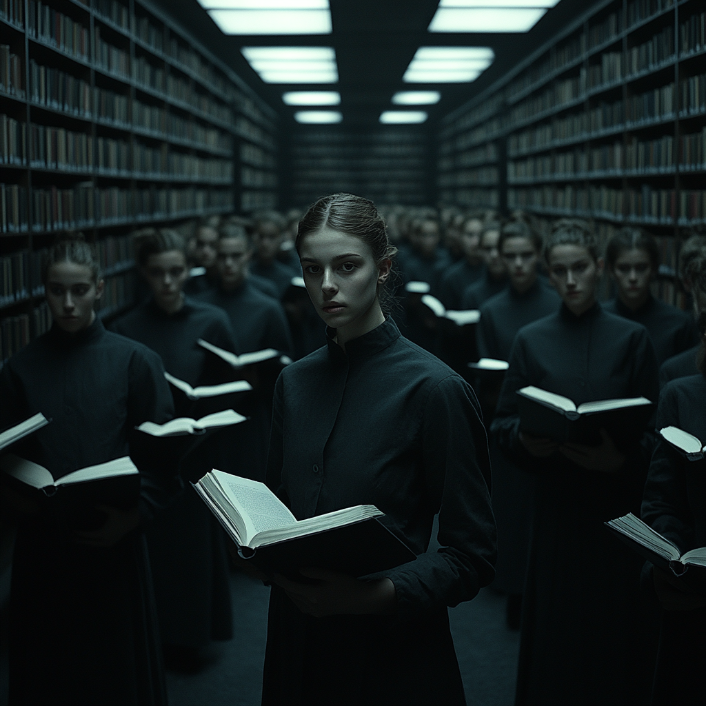 Muted library with students holding grey books, focused and tense.