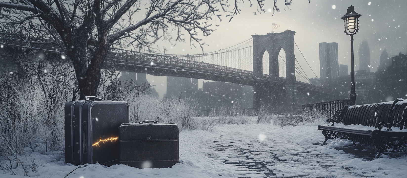 Mysterious Abandoned Suitcases in Snowy Panorama. 