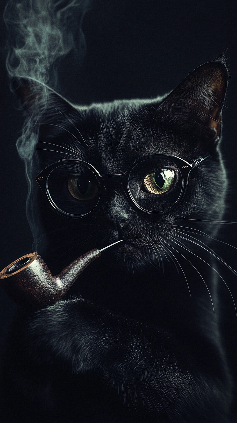 Mysterious Black Cat with Pipe in Dark Room