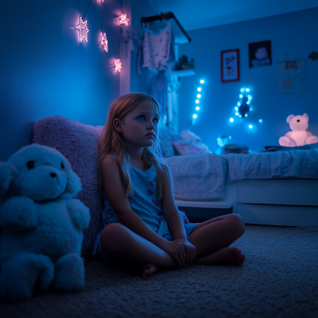 Child Alone in Her Neon Bedroom