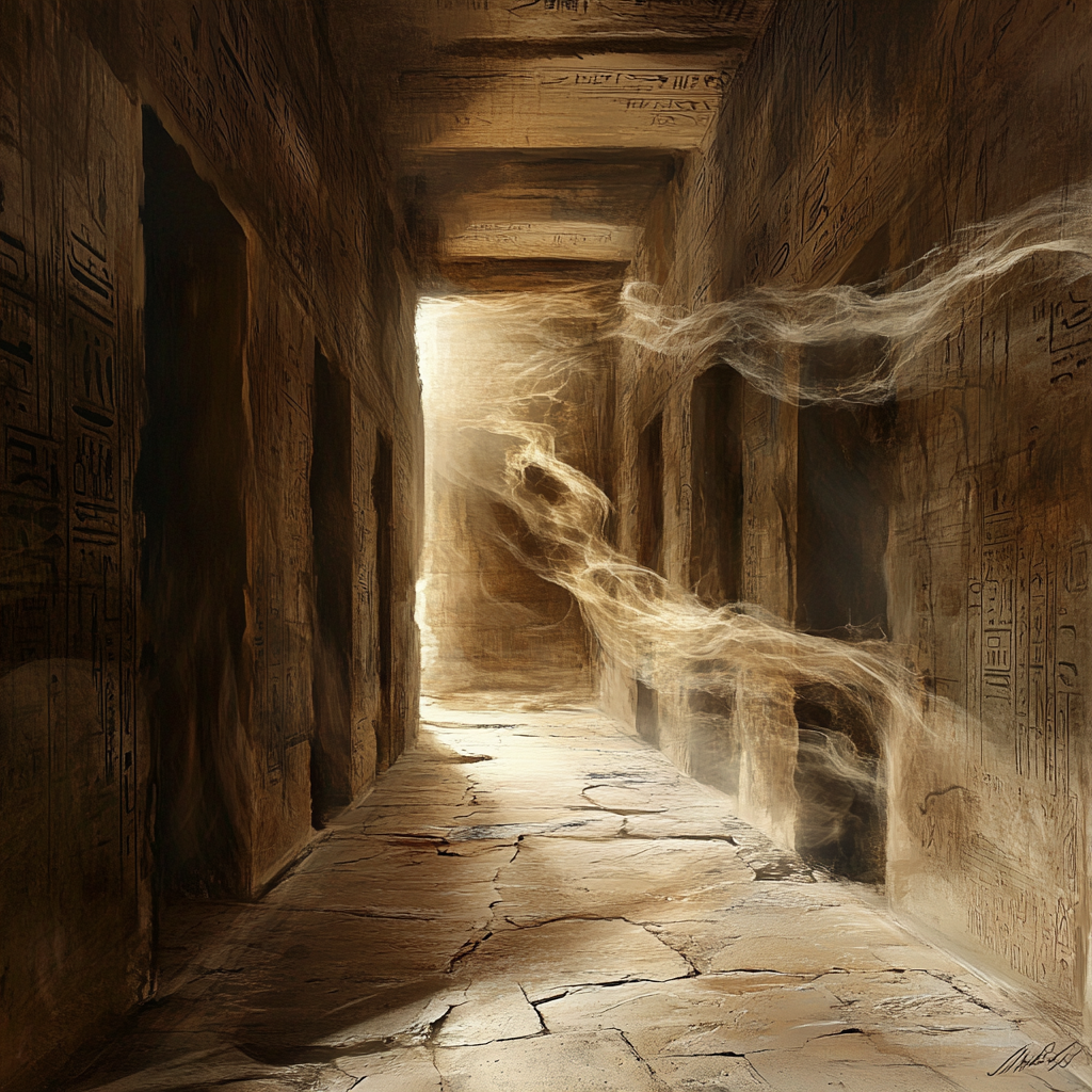 Mysterious Egyptian Labyrinth Tunnel in Realistic Fantasy Style.