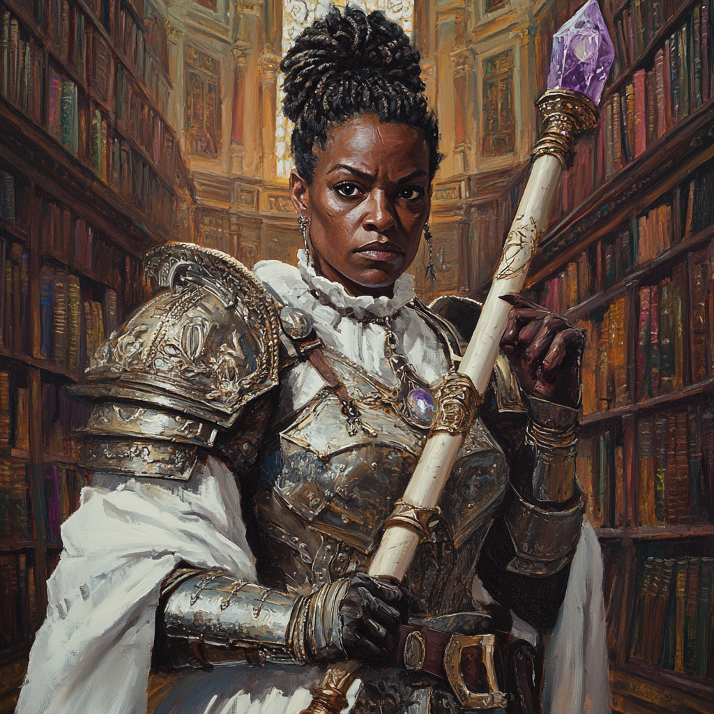 Mysterious Female Wizard in Armor in Library Ruins