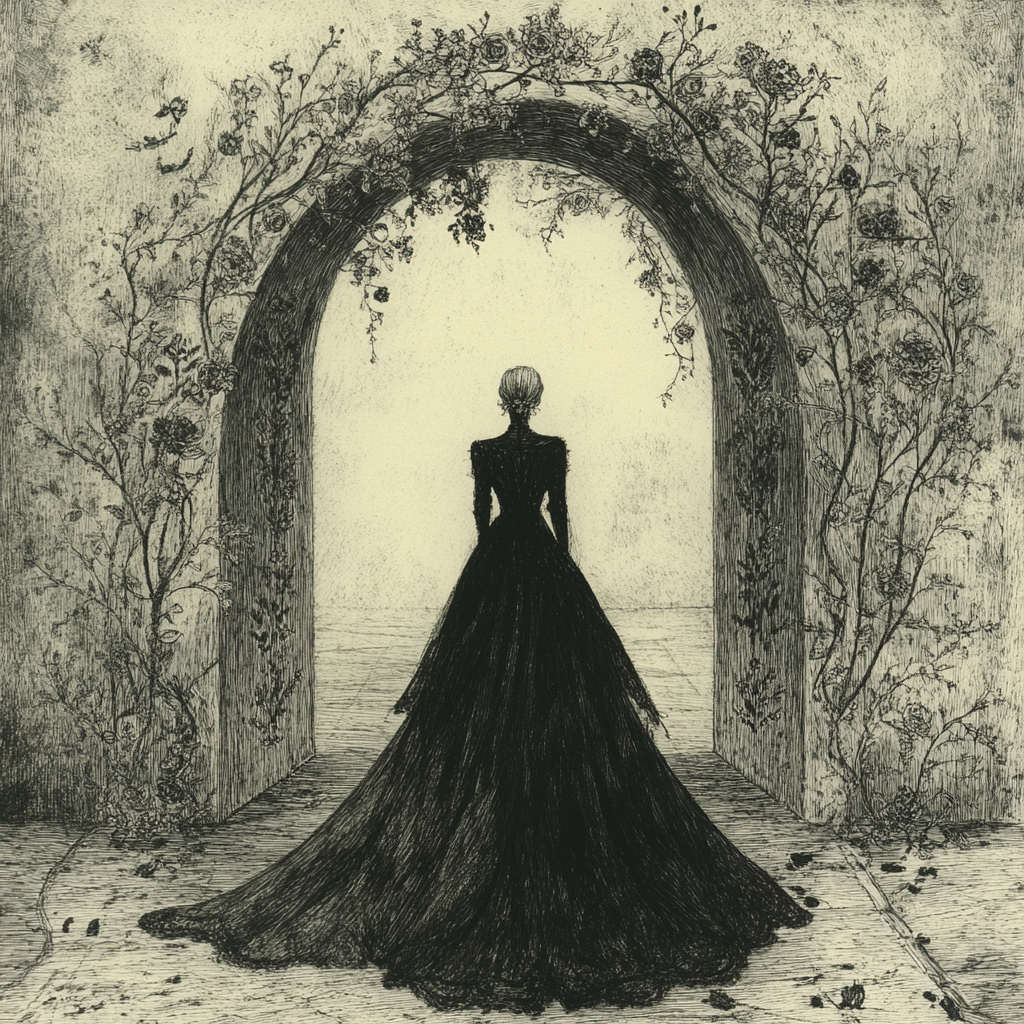 Mysterious Figure in Black Gown under Floral Archway