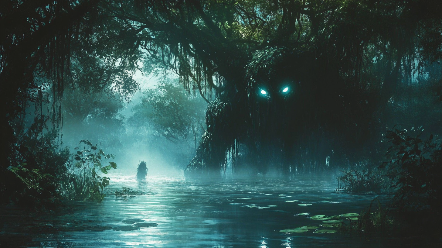 Mysterious Figure in Dark Jungle Water's Edge