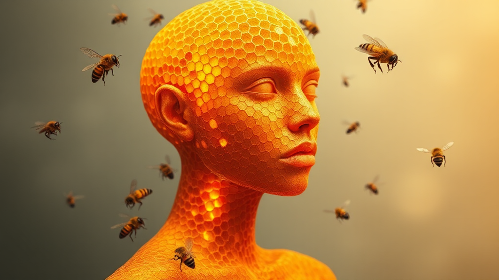 Mysterious Figure with Golden Honeycomb Texture and Bees