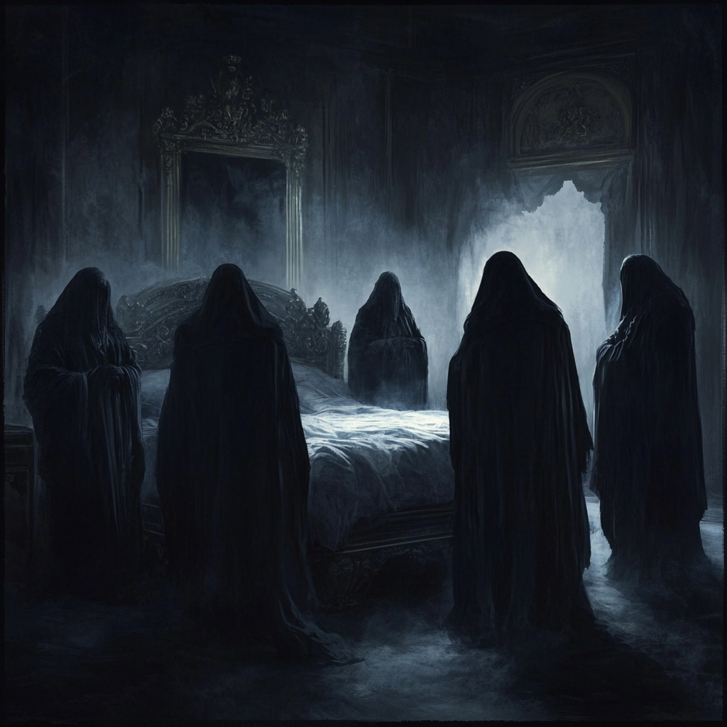 Mysterious Figures Around Bed in Moonlit Room