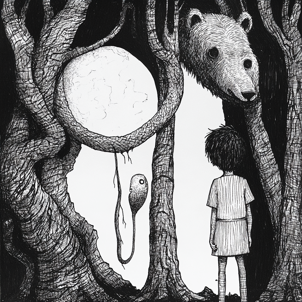 Mysterious Forest with Characters in Edward Gorey Style