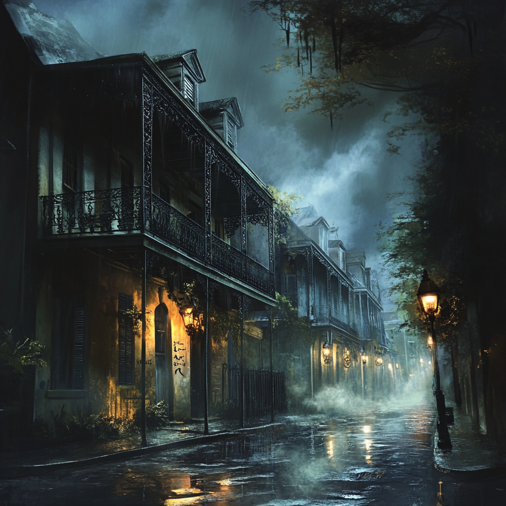 Mysterious French Quarter street at night with eerie symbols.