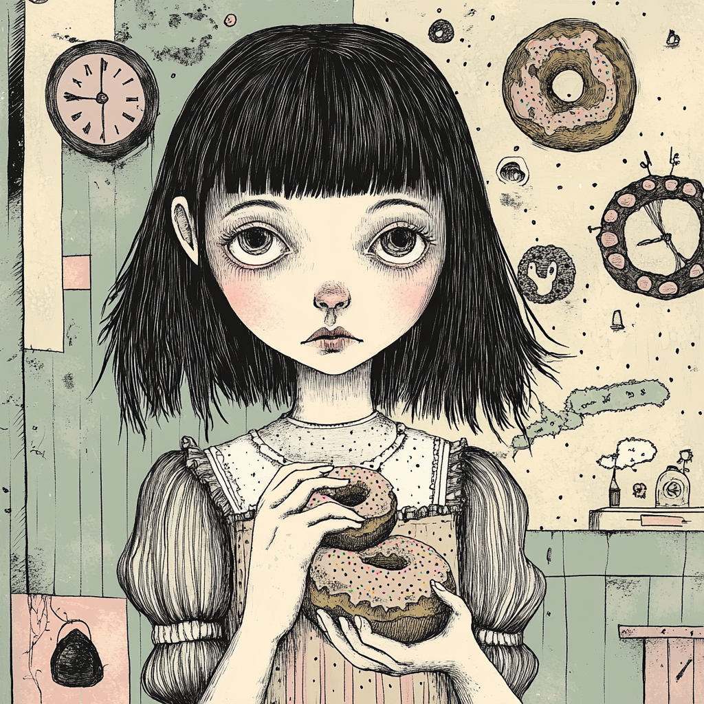 Mysterious Girl Holding Donut in Dreamlike Setting