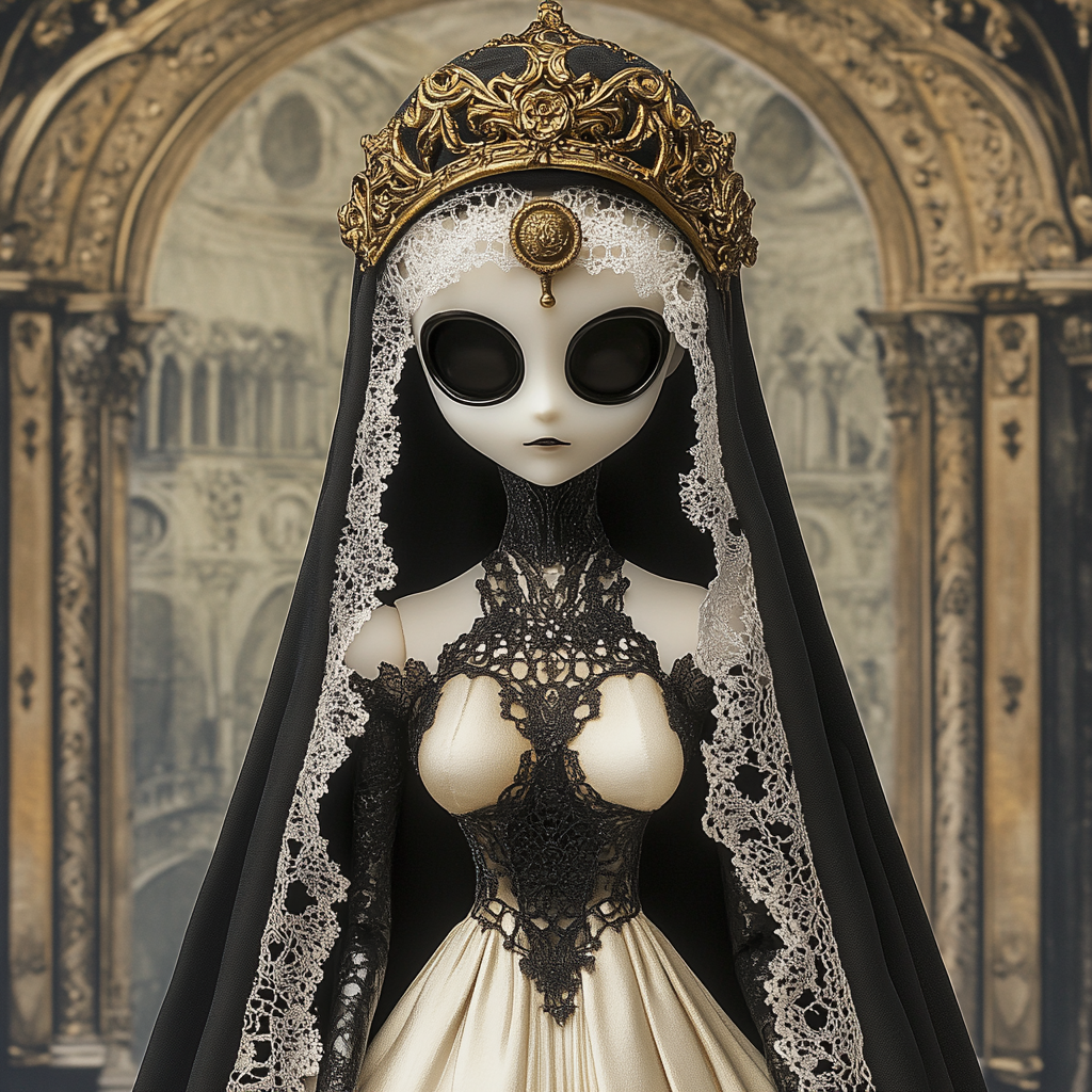 Mysterious Gothic Figure: Elegant, delicate, enigmatic, ornate.