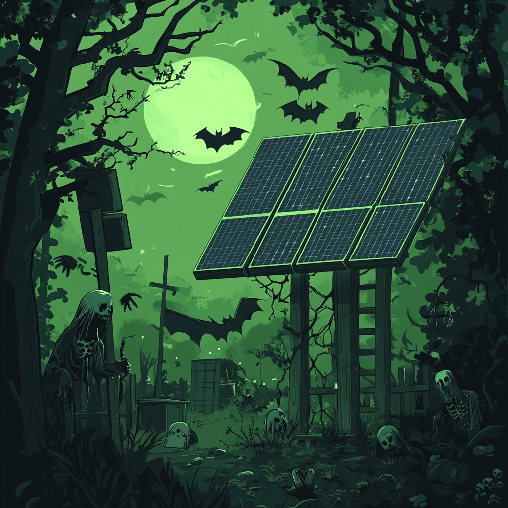 Mysterious Halloween Night with Playful Monsters and Solar Panels