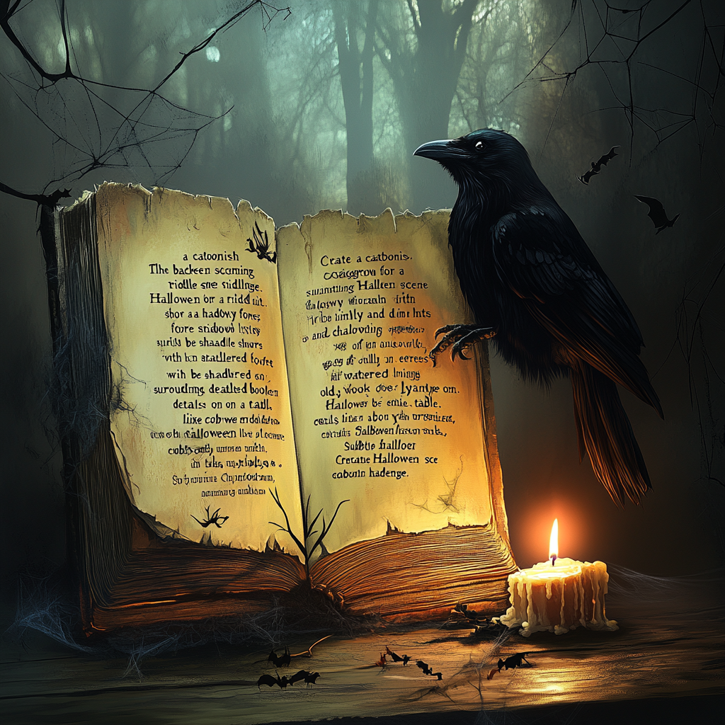 Mysterious Halloween Riddle: Old book, crow, candle