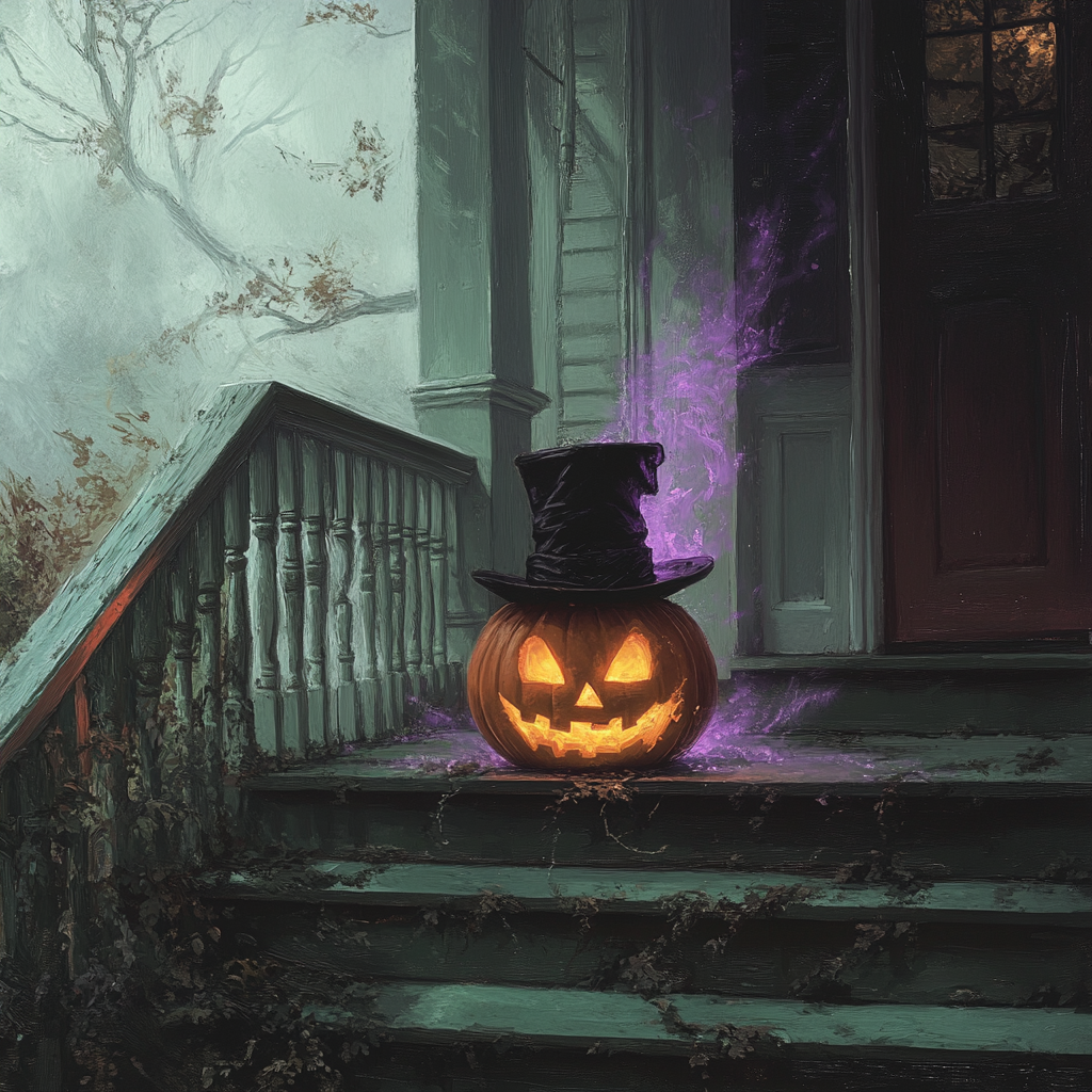 Mysterious Jack-o'-lantern on spooky porch steps