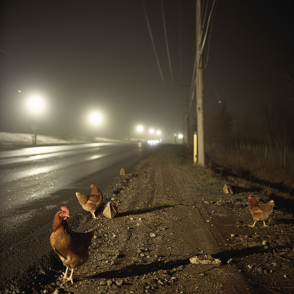 Mysterious Night: Empty road, glowing streetlights, hen companions