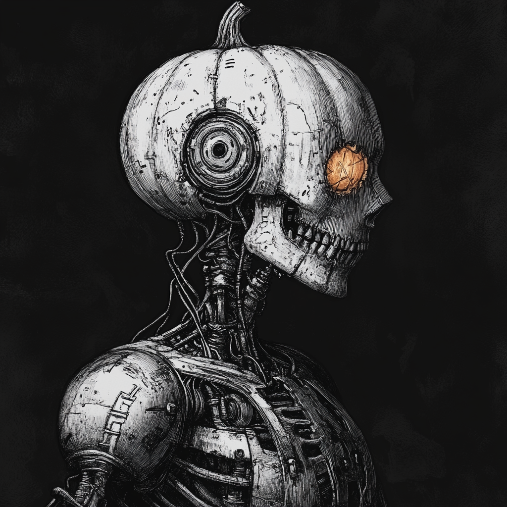 Mysterious Pumpkin-Headed Robot: A Gothic Illustration