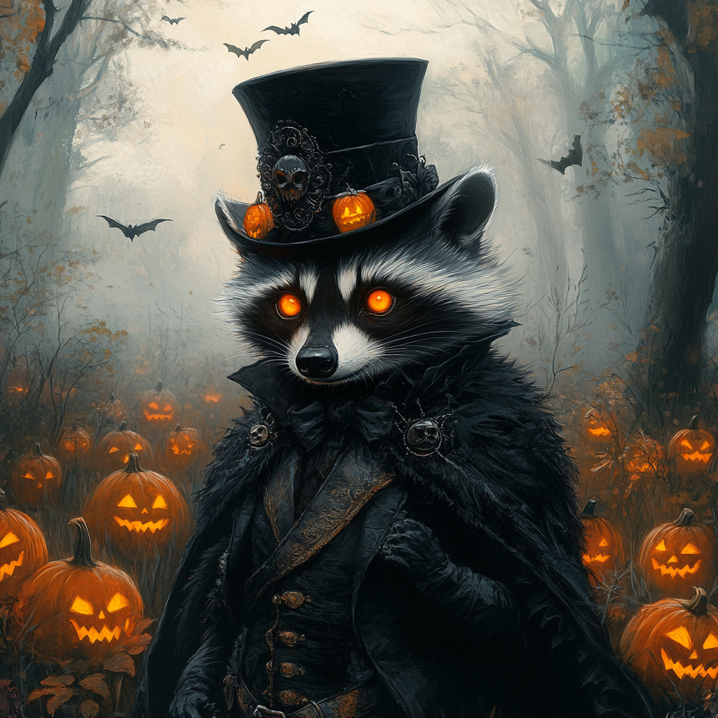 Mysterious Raccoon in Spooky Pumpkin Forest