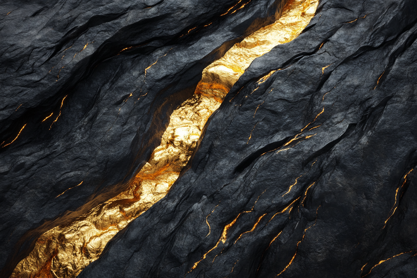 Mysterious River of Golden Metal on Dark Rocks