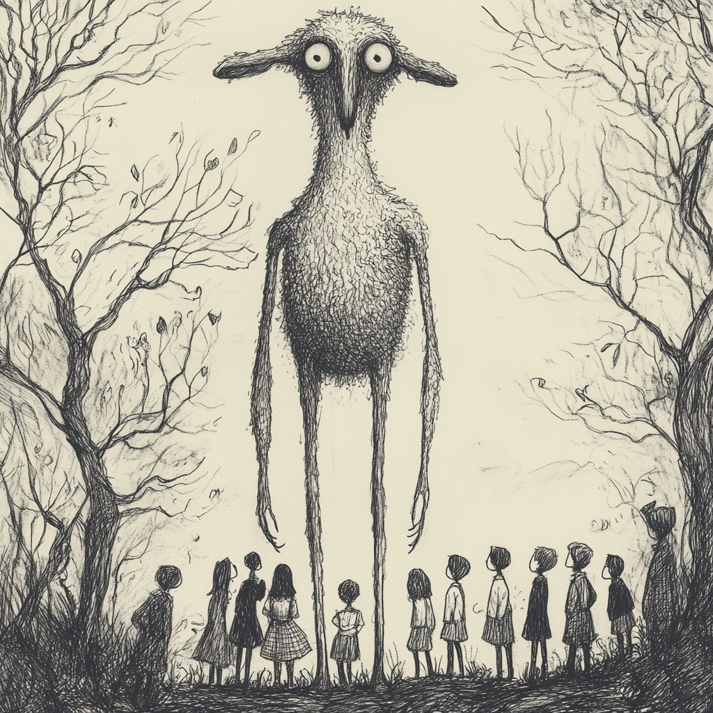 Mysterious Sheep Creature Among Curious Children.